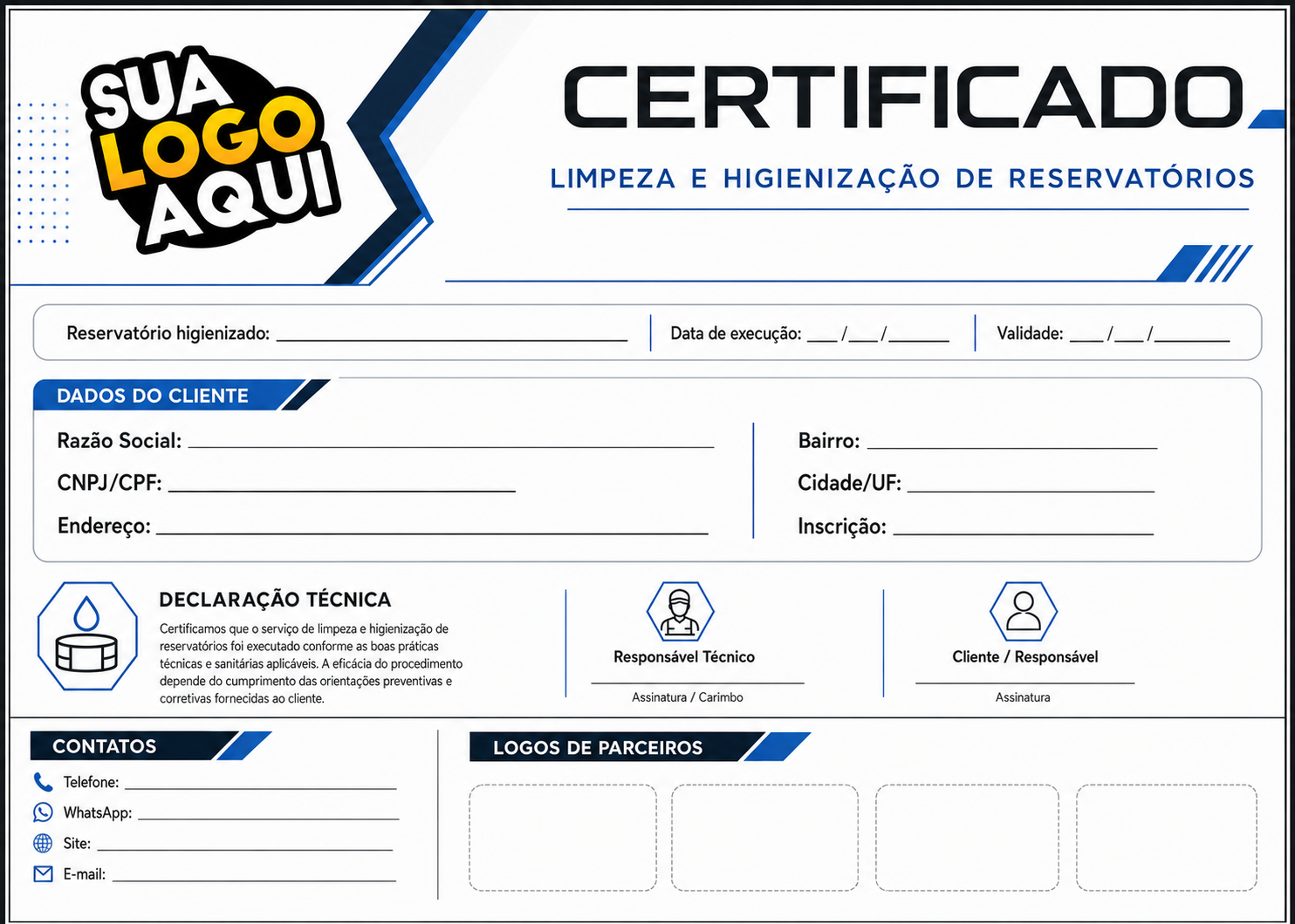 Certificado de limpeza e higienização de reservatórios